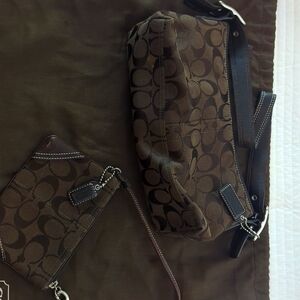 Brown Vintage COACH bag with COACH wristlet. Small bag with one pocket inside